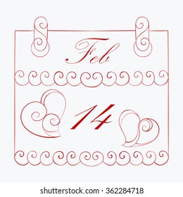 Abstract vector illustration of zen tangle floral calendar of 14 february with hearts. Hand-drawn set. Red objects isolated on white background. For wedding, valentine day design, coloring page. Eps 8