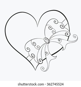 Abstract vector illustration of zen tangle floral heart tied with ribbon bow. Hand-drawn symbol. Black object isolated on white background. For wedding valentine day design, adult coloring page. Eps 8