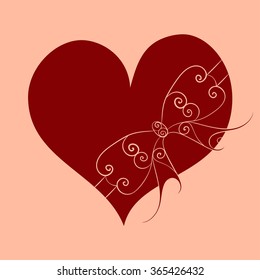 Abstract vector illustration of zen tangle floral cute silhouette heart tied with ribbon bow. Hand-drawn symbol. Red object isolated on pastel background. For wedding, valentine day design. Eps 8.