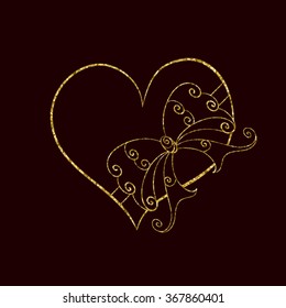 Abstract vector illustration of zen tangle floral luxury heart tied with ribbon bow. Hand-drawn symbol. Gold glitter object isolated on dark background. For wedding, valentine day design. Eps 8.