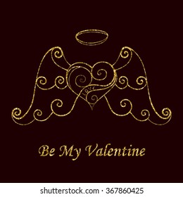 Abstract vector illustration of zen tangle floral luxury heart with wings and nimbus. Hand-drawn symbol. Gold glitter object isolated on dark background. For wedding, valentine day design. Eps 8.