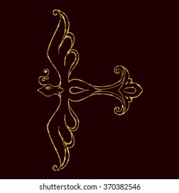 Abstract vector illustration of zen tangle floral luxury flying bird. Hand-drawn symbol. Gold glitter object isolated on chocolate background. Eps 8.