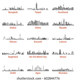 abstract vector illustrations of asian city skylines in black and white color palette