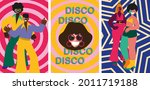 Abstract vector illustrations of disco people characters 70s. Disco party 70s and 80s