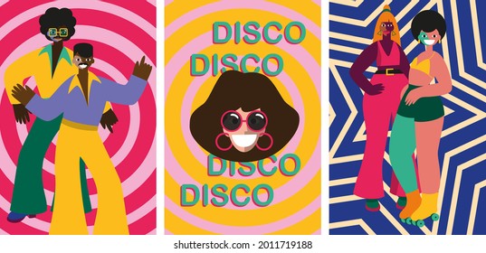Abstract vector illustrations of disco people characters 70s. Disco party 70s and 80s