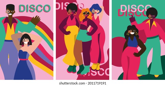 Abstract vector illustrations of disco people characters 70s. Disco party 70s and 80s