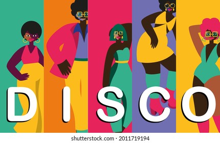 Abstract vector illustrations of disco people characters 70s. Disco party 70s and 80s