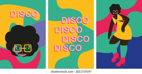 Abstract vector illustrations of disco people characters 70s. Disco party 70s and 80s