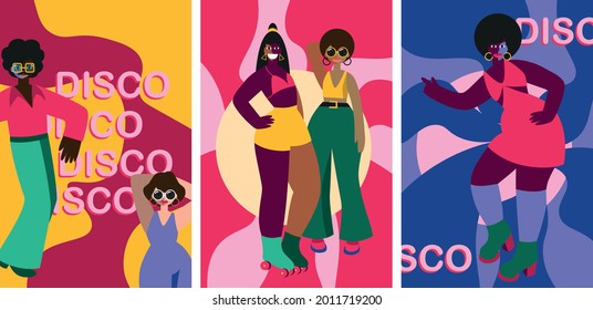 Abstract vector illustrations of disco people characters 70s. Disco party 70s and 80s