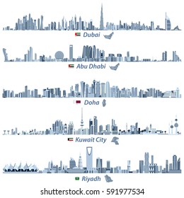 abstract vector illustrations of Dubai, Abu Dhabi, Doha, Riyadh and Kuwait city skylines in tints of blue color palette with flags and maps of United Arab Emirates, Qatar, Kuwait and Saudi Arabia