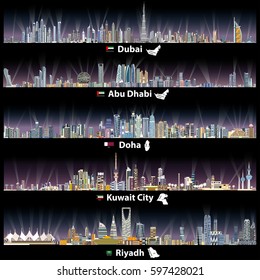 Abstract Vector Illustrations Of Dubai, Abu Dhabi, Doha, Riyadh And Kuwait City Skylines At Night With Flags And Maps Of United Arab Emirates, Qatar, Kuwait And Saudi Arabia