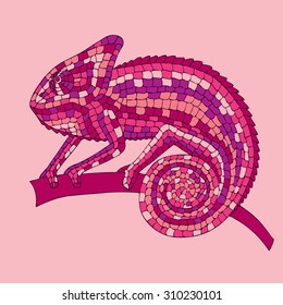 abstract vector illustrations multicolored mosaic chameleon, lizards, reptiles with small scales in pink. Chameleon sitting on a branch. illustrations drawn by hand with pencil, pen.