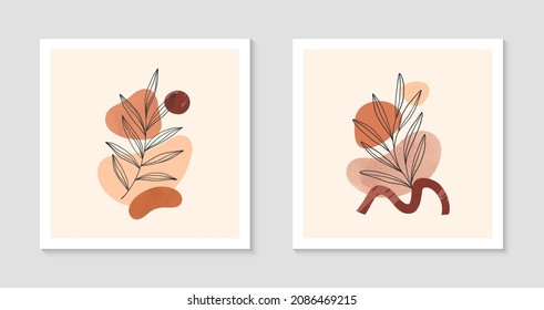 Abstract vector illustrations with organic various shapes and foliage line art.Boho watercolor wall art decor.Trendy artistic designs perfect for banners;social media,invitations,covers,wallpaper.