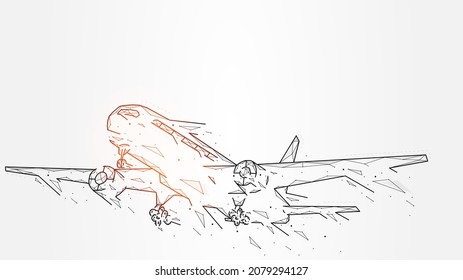 Abstract Vector Illustrations Of A Plane Taking Off, Airplane Crash, Passenger Or Cargo Plane Made Of Dots And Lines, Abstract Concept Of International Air Transport