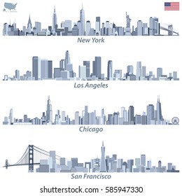 Abstract Vector Illustrations Of United States City Skylines (New York, Chicago, San Francisco And Los Angeles) In Tints Of Blue Color Palette With Map And Flag Of United States