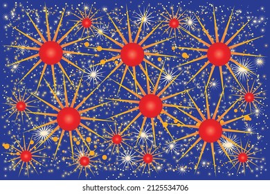 Abstract vector image with bright red balls and stars on a blue background. Elegant, festive image for decor, wallpapers, backgrounds, covers.