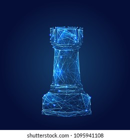 Abstract vector image of chess rook. Low poly wire frame illustration. Lines and dots. RGB Color mode. Chess game concept. Polygonal art.