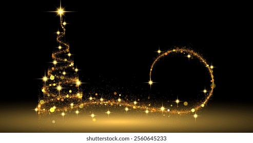 Abstract vector image with a Christmas tree silhouette made of golden sparkles, stars and glitter on a black background. Glowing lines and shimmering elements create a festive mood and elegance.