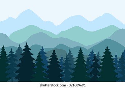 Abstract vector image of dense evergreen forest on the background of gray multilevel mountains. Untouched nature. Mountain landscape. Pristine forests.