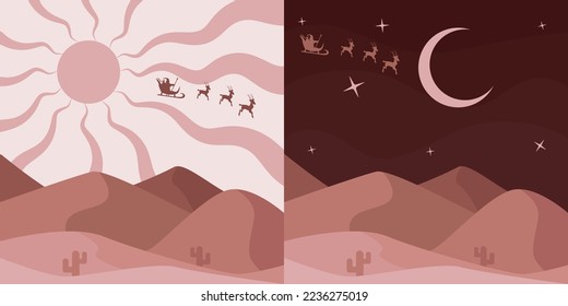 Abstract Vector Image Of The Desert. Christmas. Santa Claus and the Reindeer. And Dunes, Hills, Cacti. Day and Night