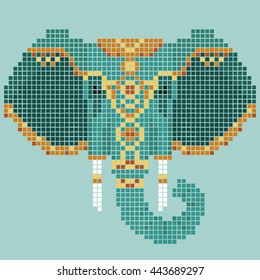 The abstract vector image of an elephant decorated with ornaments. Elephant Head is composed of small colored tiles. Front image. Ethnic patterned head of elephant.  Use for print, posters, t-shirts.