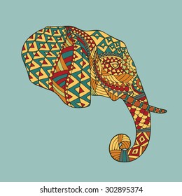 Abstract vector image of an elephant's head in profile with ethnic pattern on a gray background. Use for print, posters, t-shirts.The stylized head of an elephant in the festive patterns