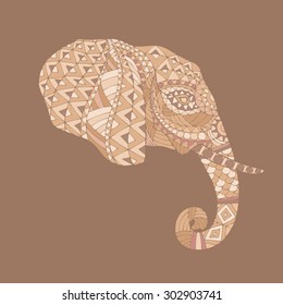 Abstract vector image of an elephant's head in profile with ethnic pattern on a brown\beige\violet background. Cloth