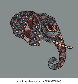 Abstract vector image of an elephant's head in profile with ethnic pattern on a gray background.