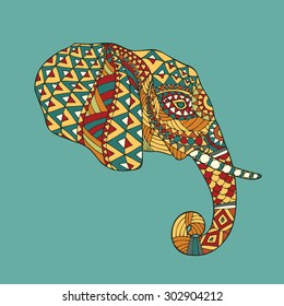 Abstract vector image of an elephant's head in profile with ethnic pattern on a blue background.