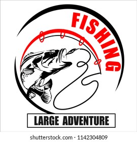 Abstract, vector image of a fish caught on a hook. Fishing label with a fish.Logo, emblem, sticker for companies selling goods for fishing.