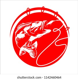 Abstract, vector image of a fish caught on a hook. Fishing label with a fish.Logo, emblem, sticker for companies selling goods for fishing.