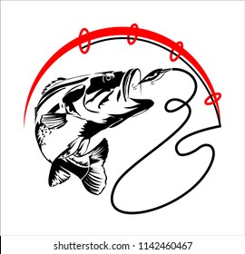 Abstract, vector image of a fish caught on a hook. Fishing label with a fish.Logo, emblem, sticker for companies selling goods for fishing.