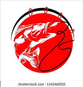 Abstract, vector image of a fish caught on a hook. Fishing label with a fish.Logo, emblem, sticker for companies selling goods for fishing.