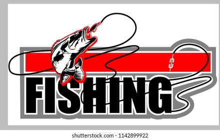 Abstract, vector image of a fish caught on a hook. Fishing label with a fish.Logo, emblem, sticker for companies selling goods for fishing.