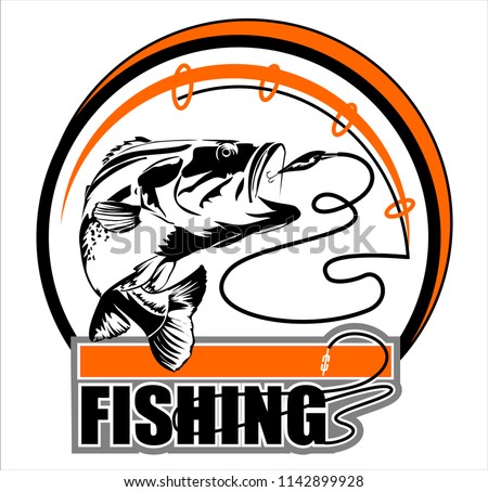 Abstract, vector image of a fish caught on a hook. Fishing label with a fish.Logo, emblem, sticker for companies selling goods for fishing.