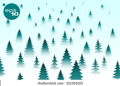 Abstract vector image of the forest in the fog view from above. Fire, smoke in the woods. Smoky woods. Forest Fairy Tale. View the treetops of the cloud. The breath of the mountains.