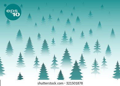 Abstract vector image of the forest in the fog view from above. a dense forest of fir trees. The evergreen forest. Forest Glade.Fairy Tale. View the treetops of the cloud. The breath of the mountains.