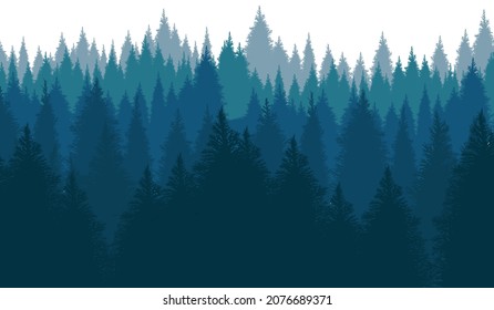 Abstract vector image of the forest receding into the distance of the pine trees . dense forest mountains in the background. night in a  forest.