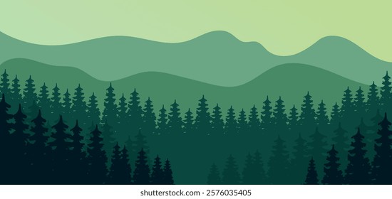 Abstract vector image of forest of spruce trees on the background of green mountains in fog. Dense forest with several tiers of mountains in the background. Forest landscape