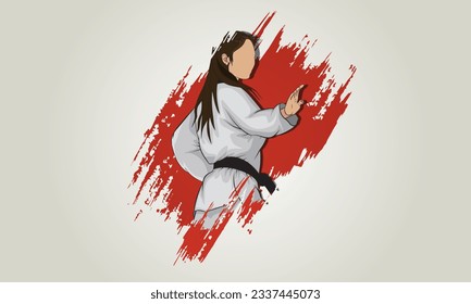 Abstract vector image of a girl in a kimono with a black belt in taekwondo. Illustration.