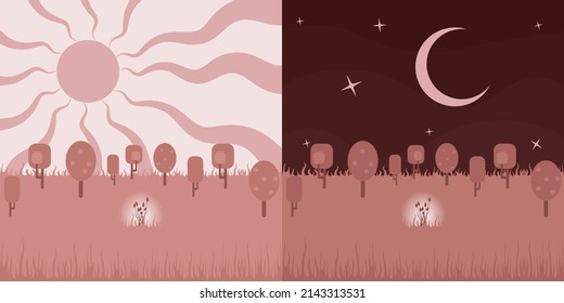 Imagen Abstracta Vectora Del Glade Con Hierba Y Hongos. SunShine, Sunlight, MoonLight. Día y noche