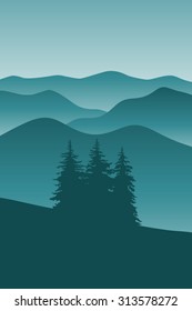 abstract vector image  green tiered mountain range in the fog. Fog, smog in the green mountains. Three green fir on a mountain slope. 