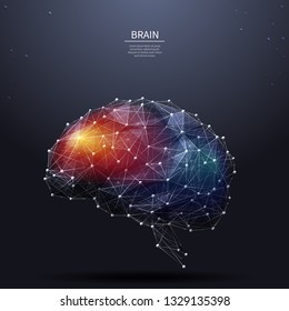 Abstract vector image of a human Brine . Low poly wireframe illustration with color accent on dark background. Lines and dots. RGB Color mode. Best idea or science or medicine concept. Polygonal art.