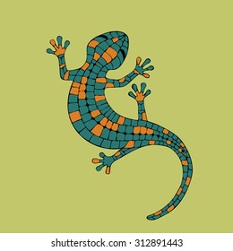 The abstract vector image lizards, geckos, salamanders in the blue-orange color in the mosaic technique. curved colored lizard on a green background. logo. symbol.