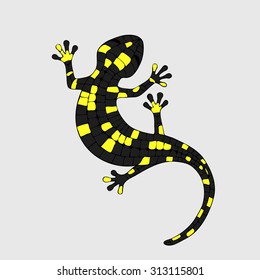 The abstract vector image lizards, geckos, salamanders in black and yellow mosaic technique. curved colored lizard on a white background. logo. symbol.