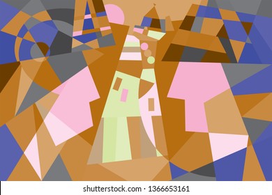 Abstract vector image of a man and a woman on the background of abstract city