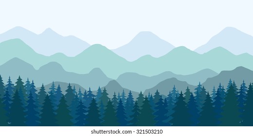 Abstract vector image of mountain, forest landscape. Multilevel mountain range in the background and a dense evergreen forest in the foreground.