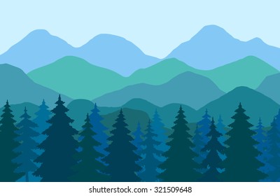 Abstract vector image of mountain, forest landscape. Multilevel mountain range in the background and a dense evergreen forest in the foreground.