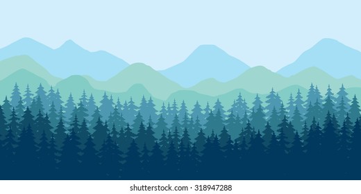 Abstract vector image of a mountain landscape, panorama of the evergreen forest, spruce. Banner. Thick blue-gray forests in the foreground and mountain range in the fog in the background.