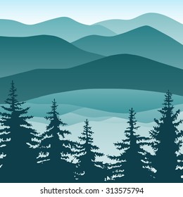 Abstract vector image of a mountain landscape.Forest of fir trees in the foreground and green mountains with a mirror image in the water.Mapping multilevel mountain range in a lake, river, ocean, sea.